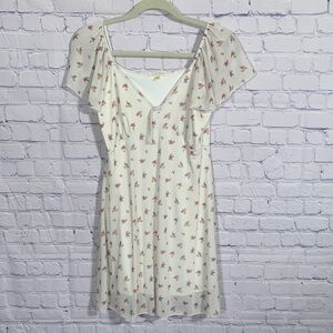 See You Monday Womens Floral Print Mini Dress White Sz L Babydoll Flutter Sleeve